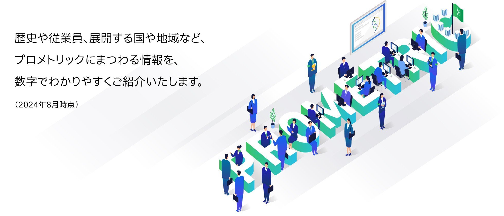 歴史や従業員、展開する国や地域など、プロメトリックにまつわる情報を、数字でわかりやすくご紹介いたします。（2024年8月時点）