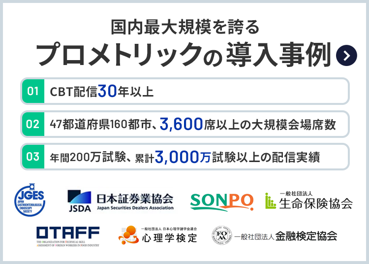 国内最大規模を誇るプロメトリックの導入事例／01.CBTのパイオニア国内外30年以上の実績／02.確かな受験環境 47都道府県、160都市 3,600席以上／03.積み重ねた信頼 国内年間200万試験 累計3,000万試験